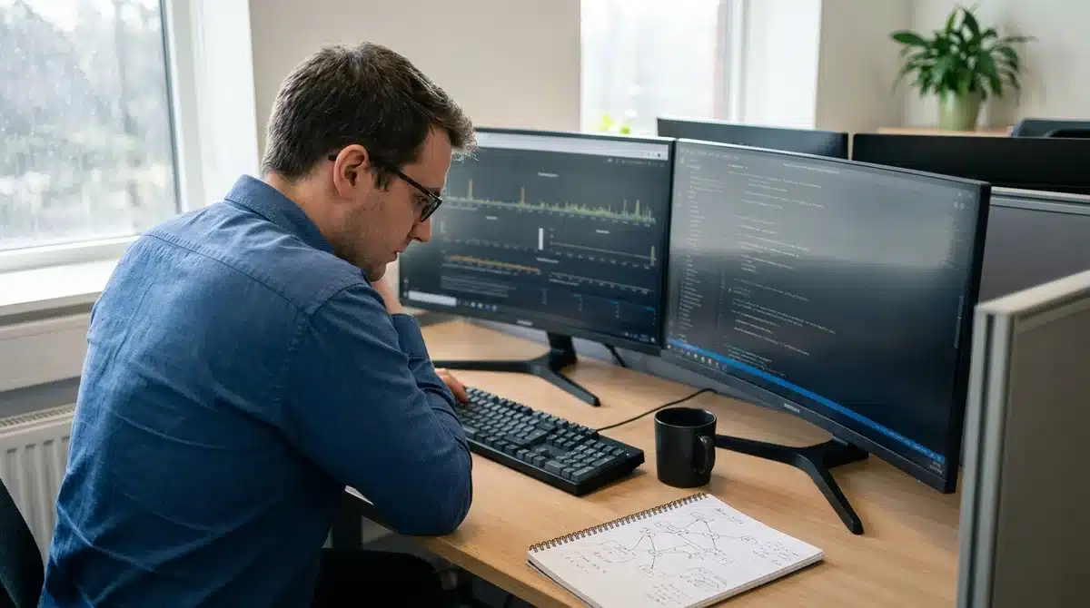 Expert en cybersécurité analysant des données de protection sur ses écrans dans un bureau moderne et professionnel.