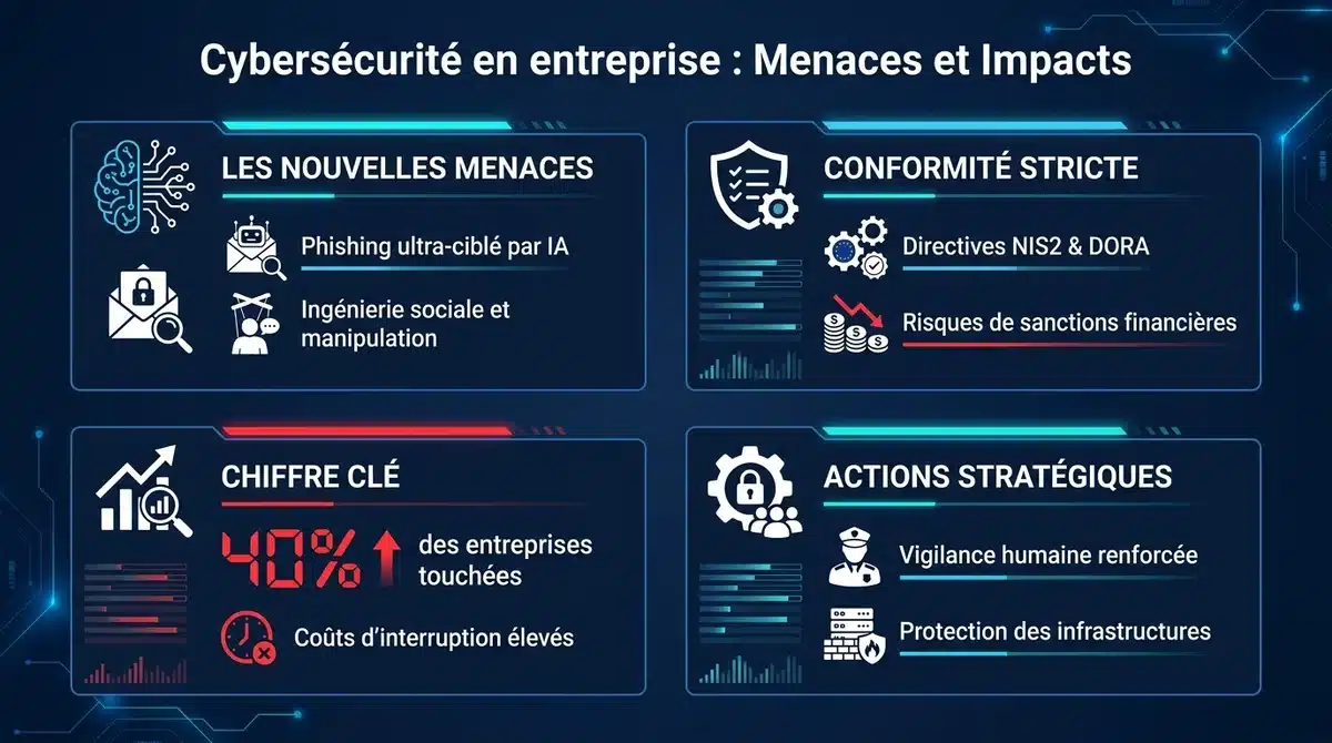 Infographie sur la cybersécurité en entreprise : menaces de l'IA, conformité NIS2 et statistiques de cyberattaques.