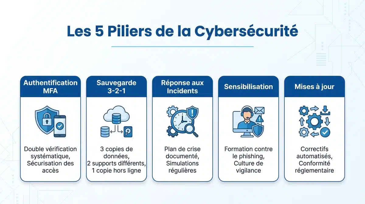 Infographie présentant les 5 piliers de la cybersécurité en entreprise : MFA, sauvegarde, réponse aux incidents.