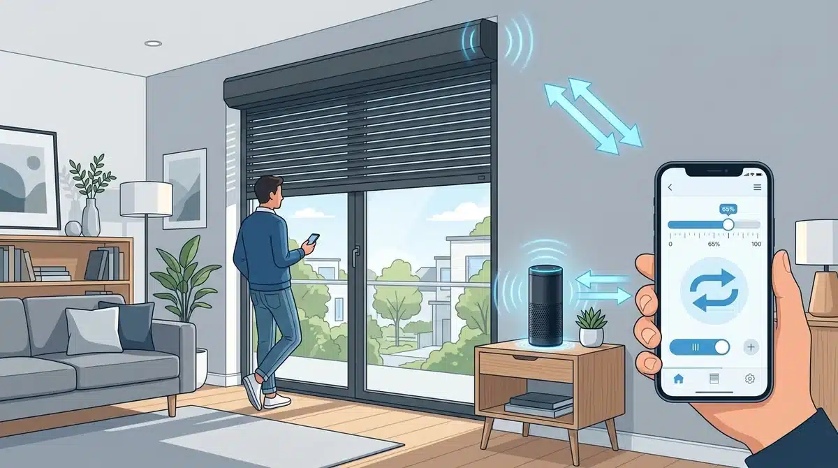 Illustration de la connexion de volets roulants Somfy à une enceinte intelligente Google Home ou Alexa.