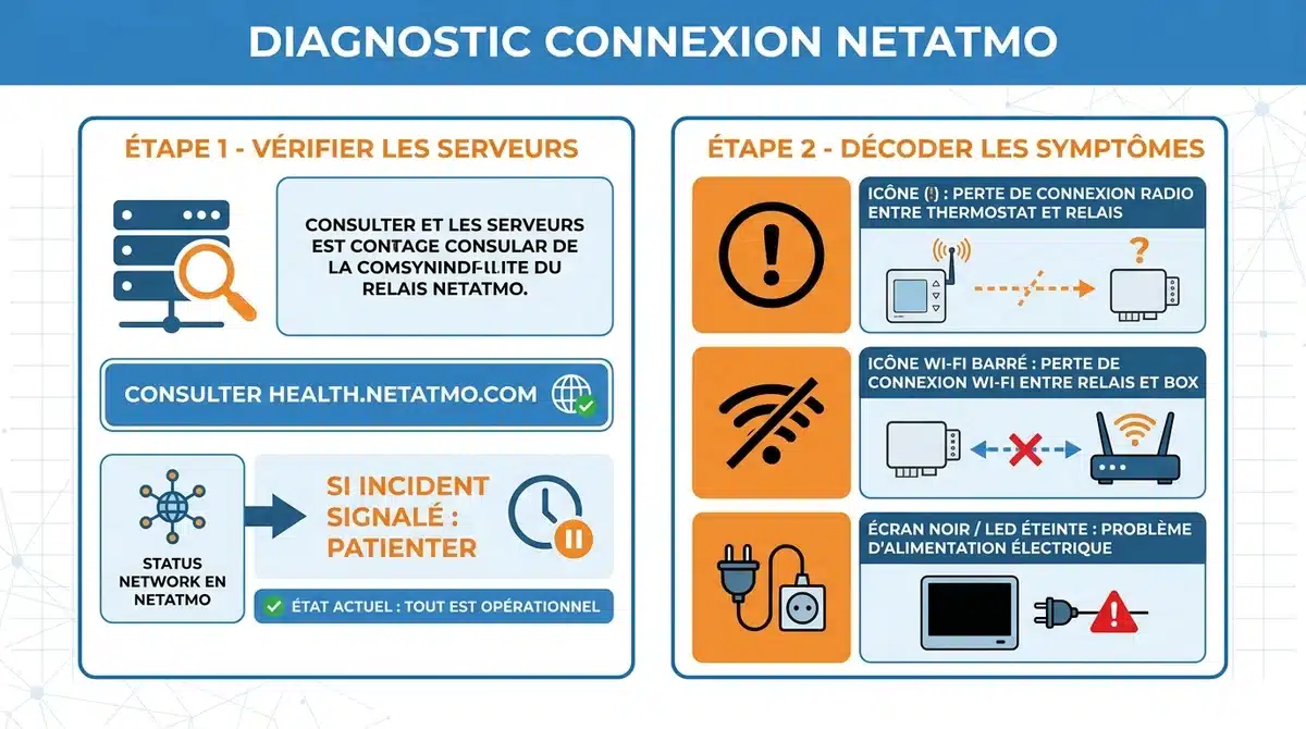 Infographie de diagnostic pour résoudre les pannes de connexion du thermostat Netatmo.