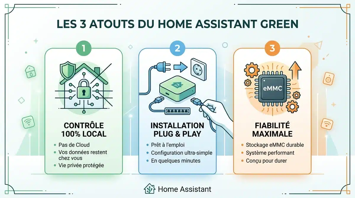Infographie Home Assistant Green : contrôle local, installation facile et stockage eMMC fiable pour la domotique.