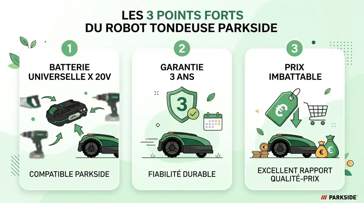 Infographie points forts robot tondeuse Parkside : batterie X20V, garantie 3 ans et prix imbattable.
