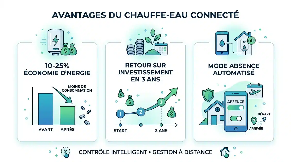 Infographie avantages chauffe-eau connecté : 10-25% d'économie d'énergie et retour sur investissement en 3 ans.