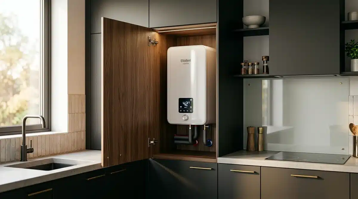 Chauffe-eau électrique connecté avec écran digital installé dans un placard de cuisine moderne et minimaliste.