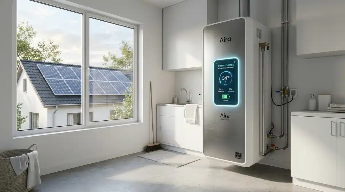 Chauffe-eau connecté moderne et panneaux solaires visibles pour réduire les factures d'énergie en 2026.