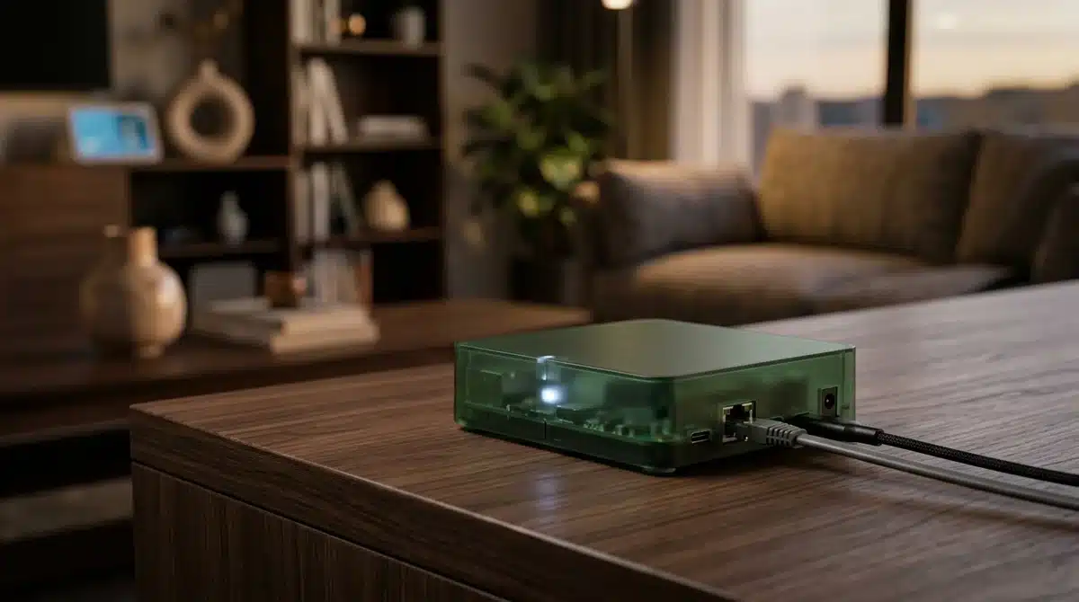 Box domotique Home Assistant Green verte translucide sur table en bois, design moderne smart home 2026.