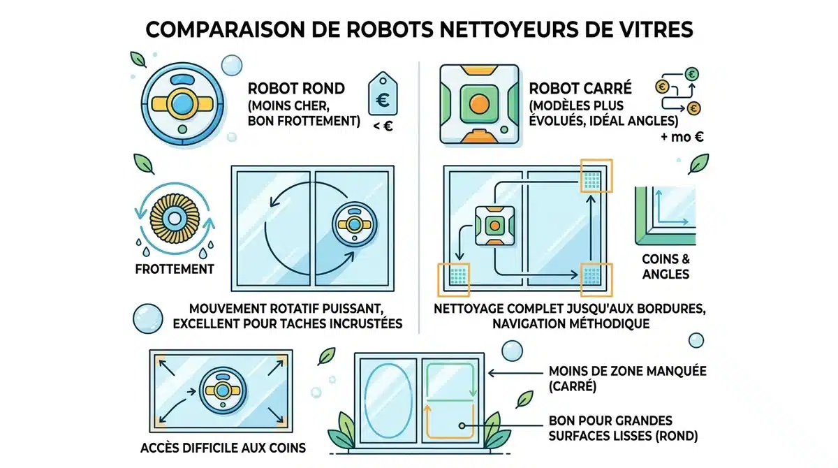 Comparaison robot lave-vitre rond vs carré : frottement efficace et nettoyage précis des angles.