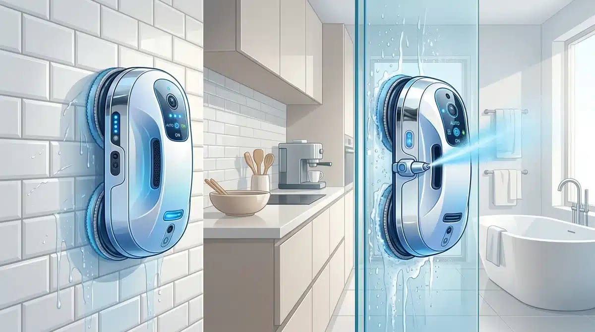 Illustration d'un robot nettoyeur de vitres futuriste 2026 pulvérisant de la brume sur une paroi de douche et du carrelage.