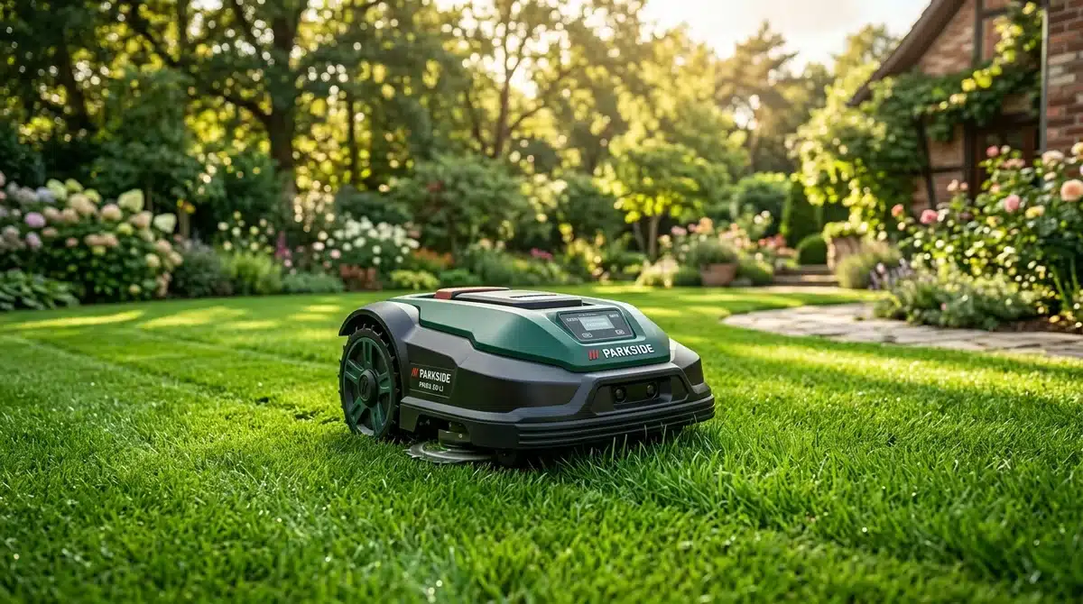 Robot tondeuse Parkside PMRA 20-Li tondant une pelouse verte sous le soleil, idéal pour le jardin.