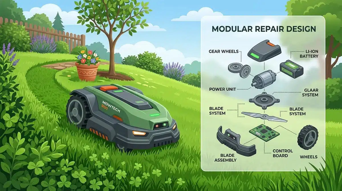 Robot tondeuse Parkside robuste en action avec vue éclatée montrant ses composants internes et sa réparabilité.