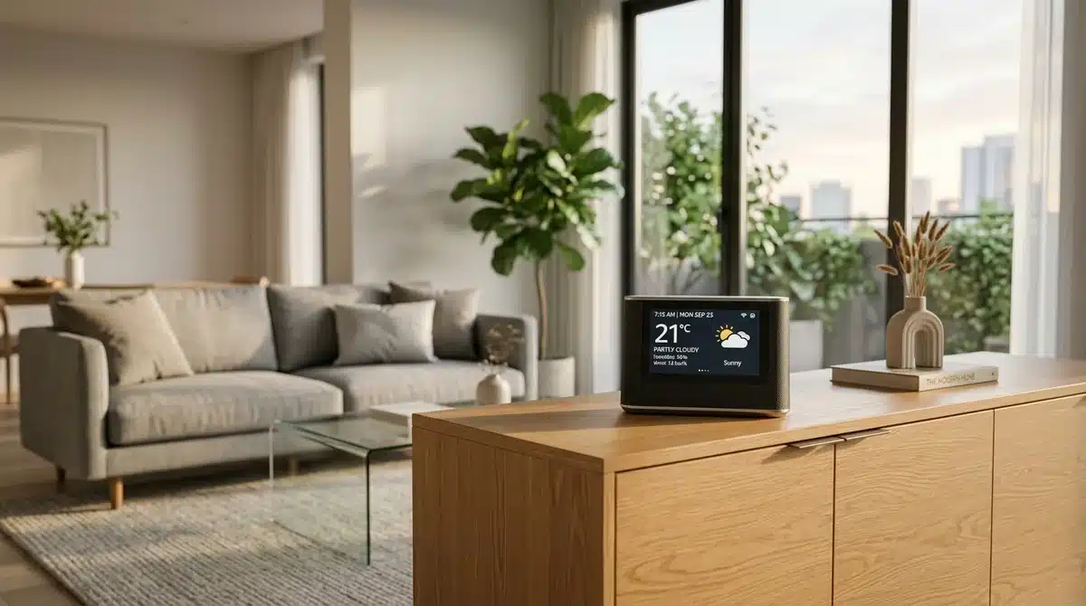 Station météo connectée minimaliste sur un buffet en bois, salon moderne avec lumière naturelle et décor épuré.