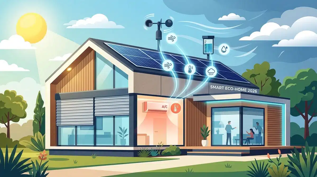 Illustration d'une maison intelligente 2026 avec station météorologique connectée et capteurs météo.
