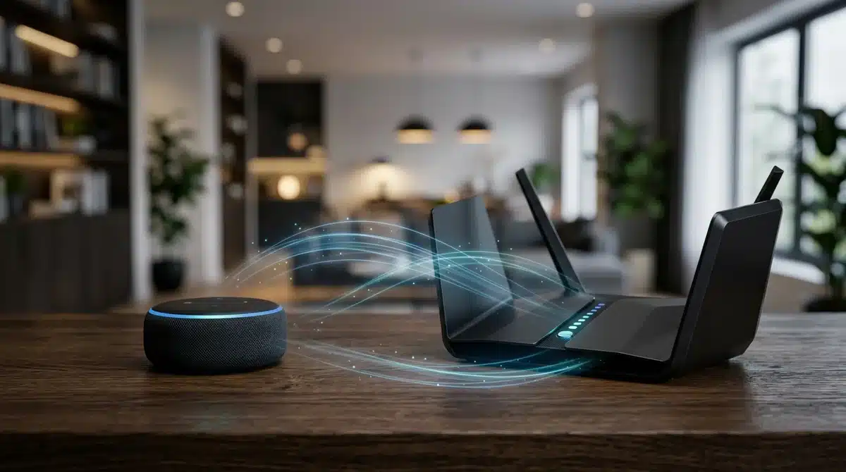 Enceinte Amazon Echo et routeur sur un bureau, illustrant comment connecter Alexa au wifi en 2026.