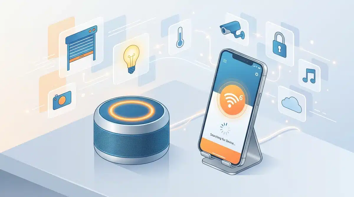 Illustration d'une enceinte Alexa en mode configuration orange et smartphone pour connecter le wifi de la maison.
