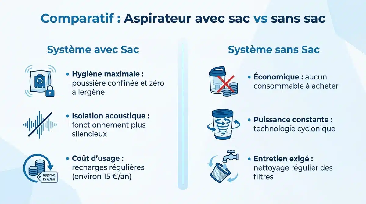 Infographie comparative entre aspirateur traineau avec sac et sans sac : hygiène, entretien et coût d'usage.