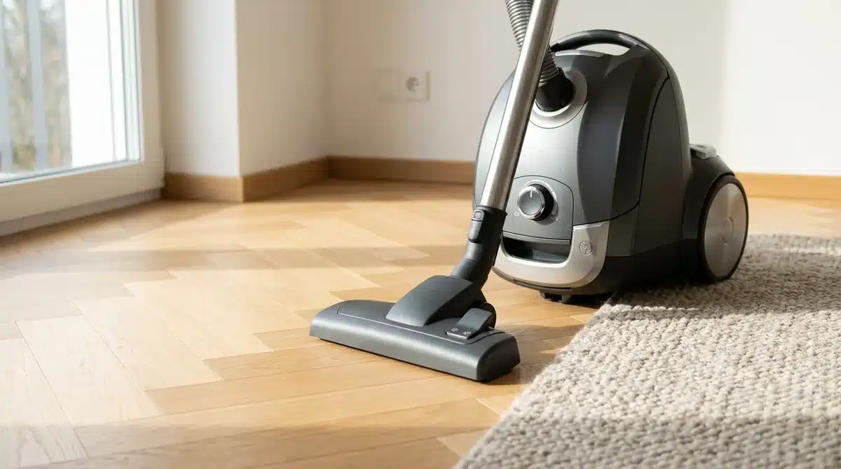 Aspirateur traineau haut de gamme sur un parquet en chêne dans un salon moderne et lumineux pour un intérieur propre.