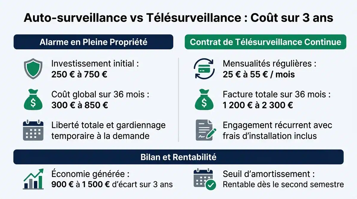 Infographie comparative des coûts sur 3 ans entre alarme connectée sans fil et télésurveillance par abonnement.