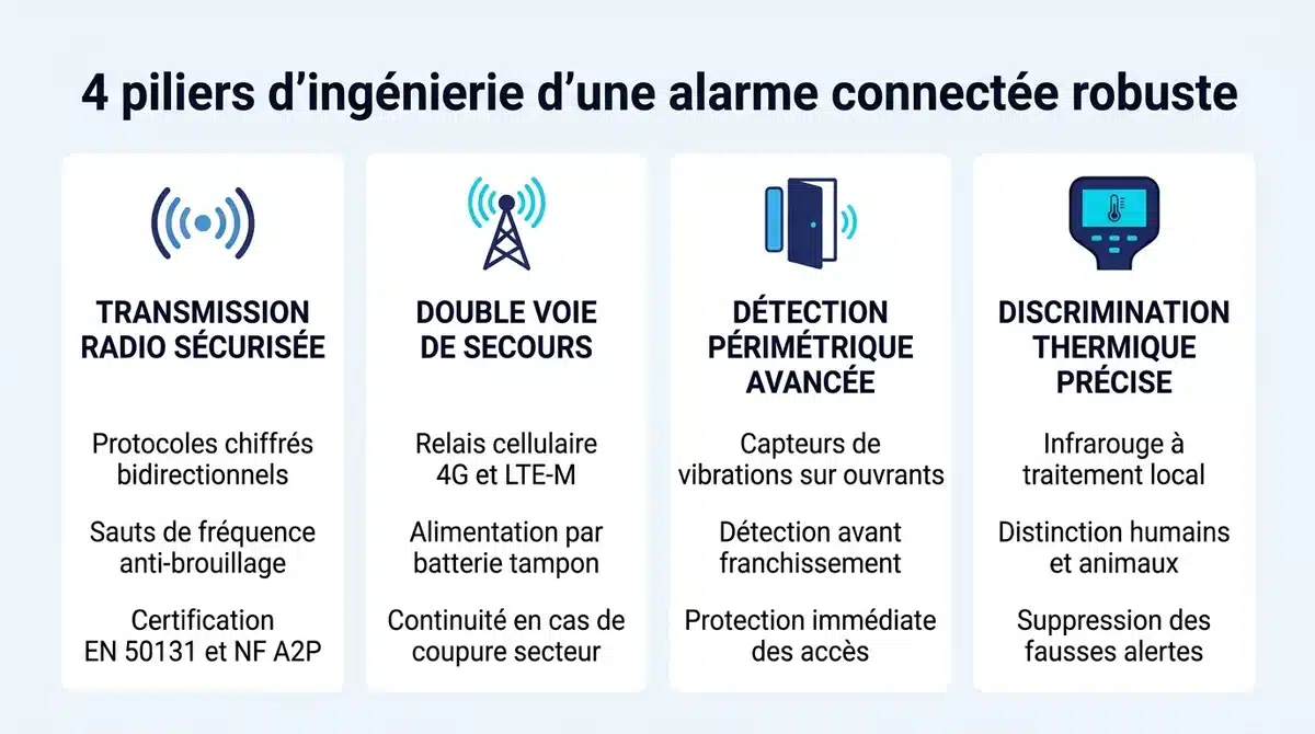 Infographie des 4 critères techniques d'une alarme connectée sans fil robuste et sécurisée contre le brouillage.